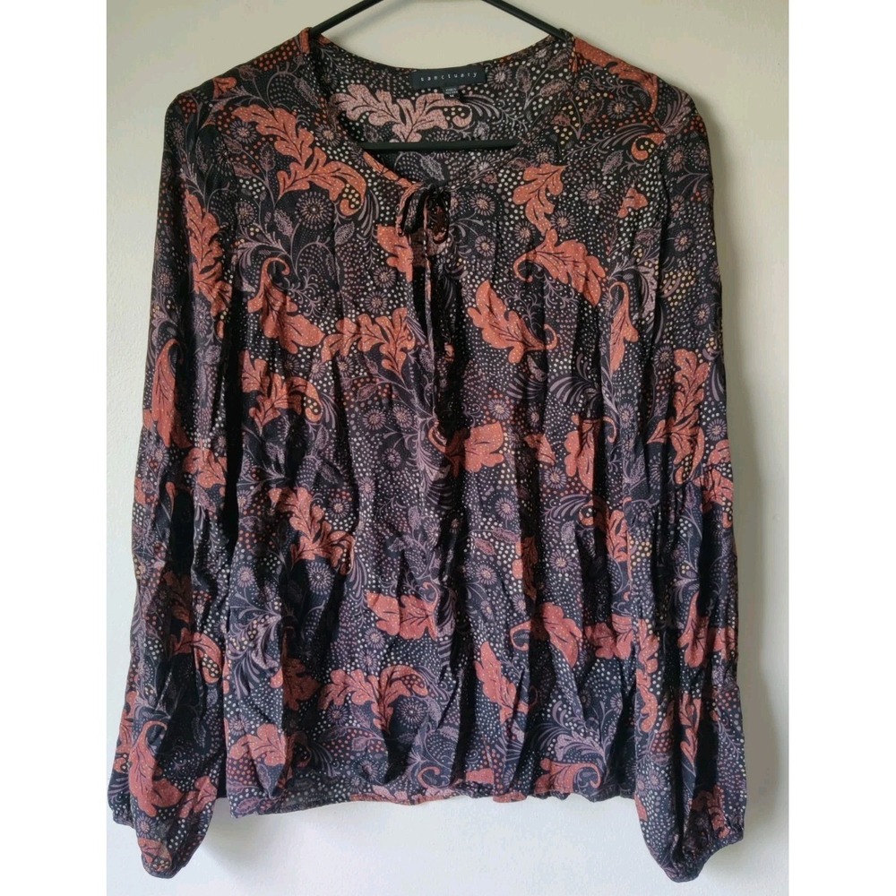 Sanctuary Balloon Sleeve Popover Peasant Blouse Women's M Floral Rayon‎ Bohemian